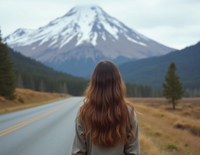 A woman walks towards a snowy mountain