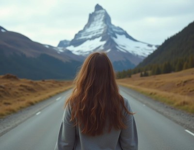 A woman walks towards a snowy mountain peak