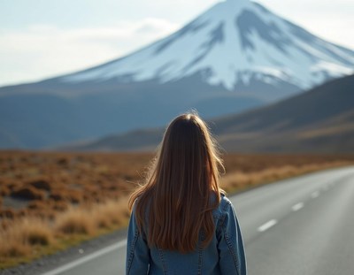 A woman walks towards a snow-capped mountain