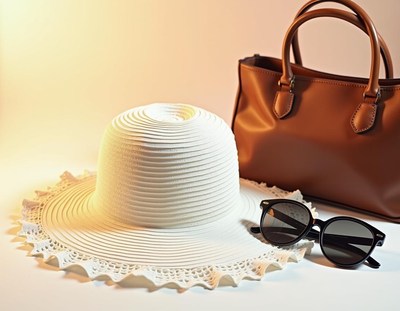 A white sun hat with a brown handbag and sunglasses
