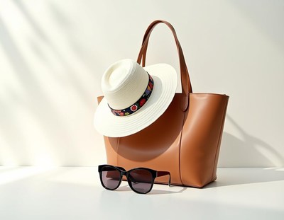 A brown leather tote bag with a white hat and sunglasses