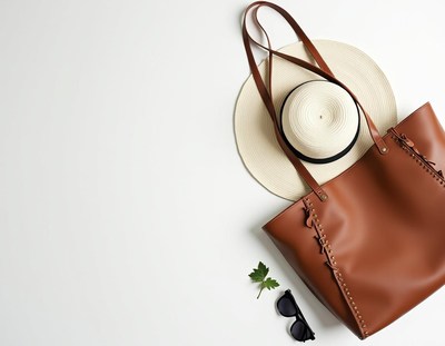 Brown tote and straw hat on a white background