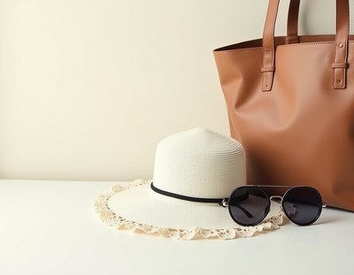 A white hat, sunglasses, and brown tote bag on a white table