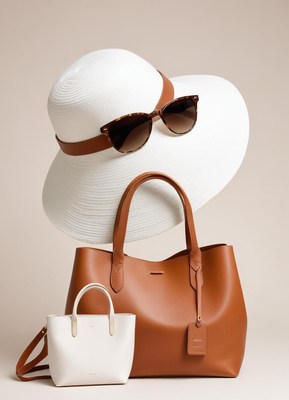White sun hat and brown shades on leather totes