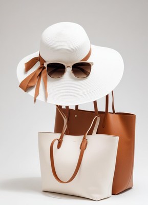 A white sun hat with brown sunglasses and a tan tote bag