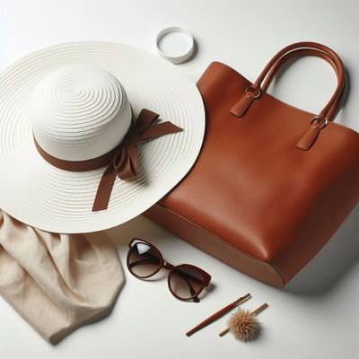 White sun hat with brown ribbon by a tote bag