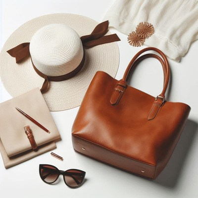 A brown leather tote bag with a straw hat and sunglasses