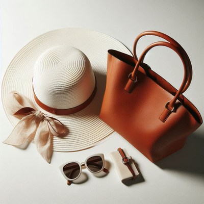 White hat, brown tote, and white sunglasses on table