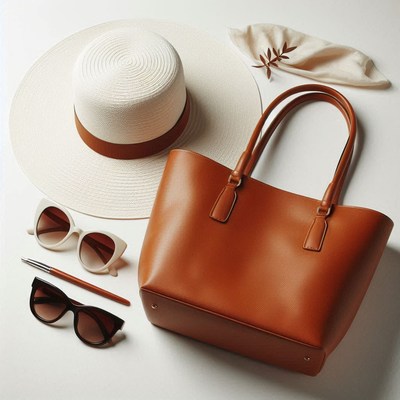 A brown leather tote bag sits with sunglasses and a hat
