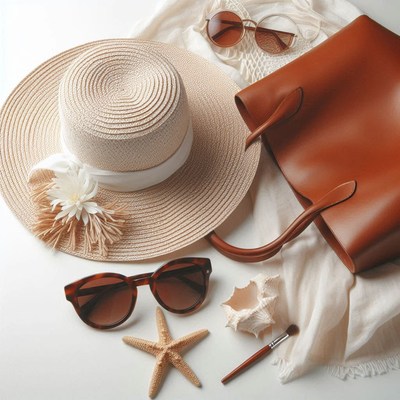 A straw hat with a white ribbon sits on a white background