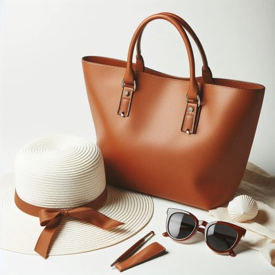 Brown tote bag near straw hat and sunglasses