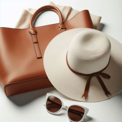 A brown leather tote bag, a white straw hat, and sunglasses