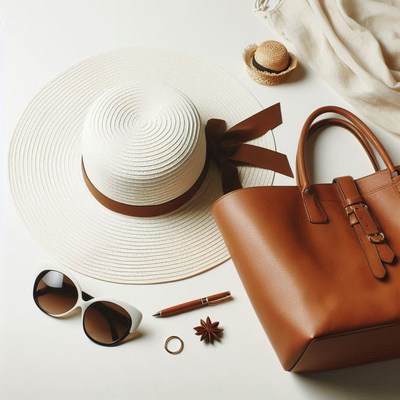 White sun hat with brown ribbon by a leather bag