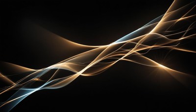 Golden and blue light waves dance across a dark background