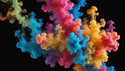 Colorful ink swirls through water against a black background