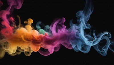 Colorful smoke swirls against a black background
