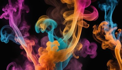 Colorful smoke swirls against a black background