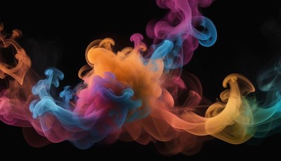 Colorful smoke swirls in a dark studio