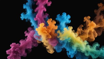 Colorful ink swirls in a dark studio