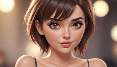 A young woman with brown hair looks at the camera