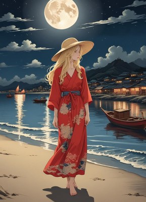 A woman in a red kimono walks on the beach at night