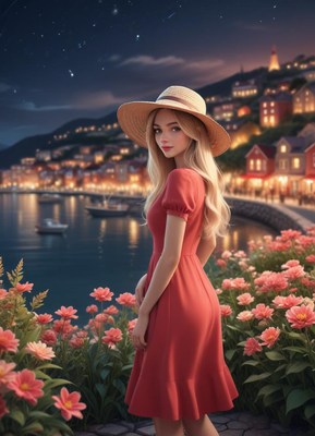 A woman in a red dress stands by the water at night