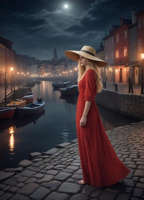 Woman in a red dress walks by a night canal