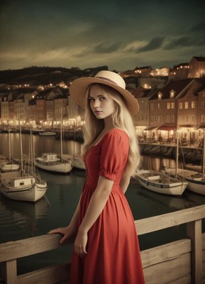 Woman in red dress on pier, gazing at water