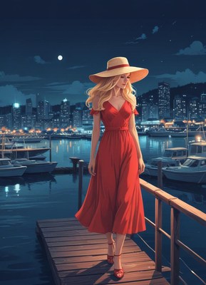 A woman in a red dress walks on a pier at night
