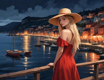 Woman in a red dress on a pier at night