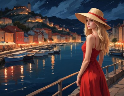 Woman in red dress by harbor railing at night