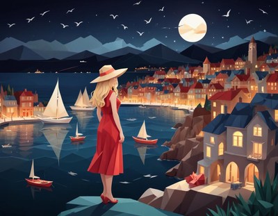A woman in a red dress admires a moonlit harbor
