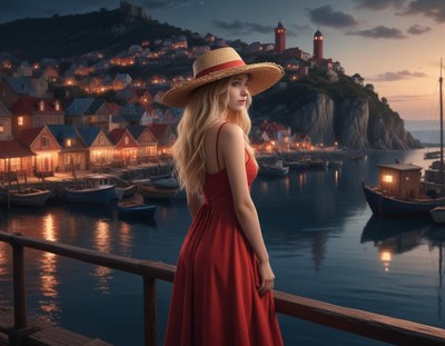 A woman in a red dress looks out over a harbor at dusk