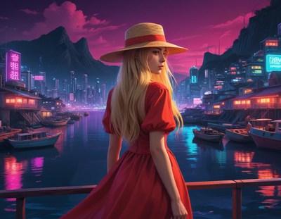 Woman in red dress gazes at neon city lights