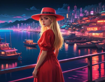 Woman in red stands on pier, city lit at night