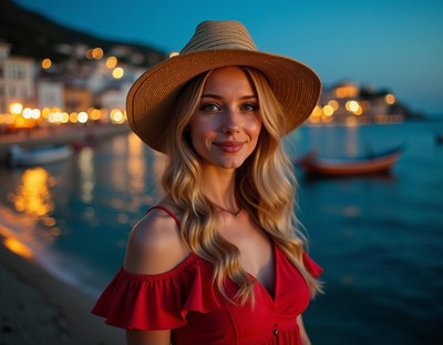 A woman in a red dress smiles by the water at dusk