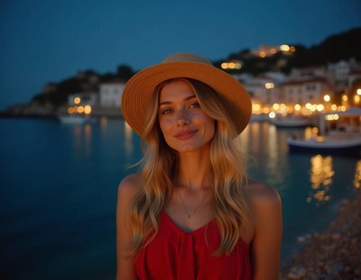 A woman in a hat smiles by the water at dusk