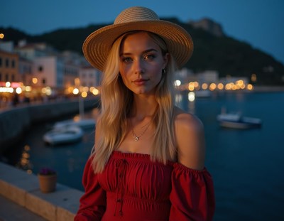 Woman in a red dress on a dock at night