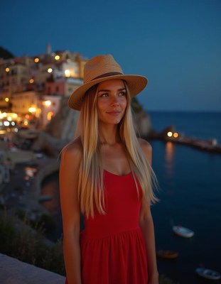 A woman in a red dress gazes at the water