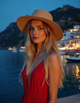 A woman in red stands by the water at dusk