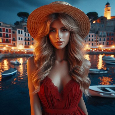 Woman in a red dress by a waterfront at dusk