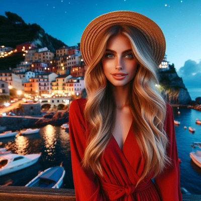 Woman in red dress poses in italian town
