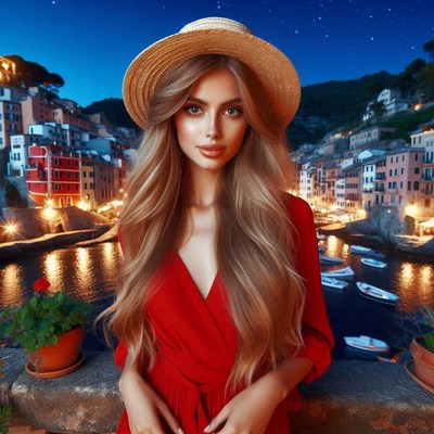 Woman in red dress on balcony by lit harbor