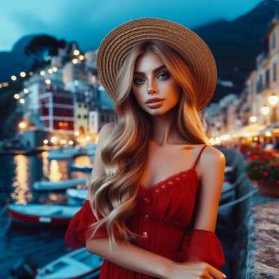 Woman in red dress and straw hat in italian village