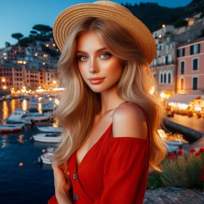 Woman in a red dress and straw hat in italian village