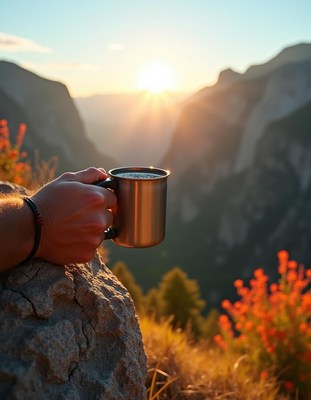 A hand holds a mug against a sunrise over a mountain range