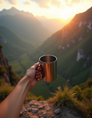 A hand holds a mug with a sunset and mountains
