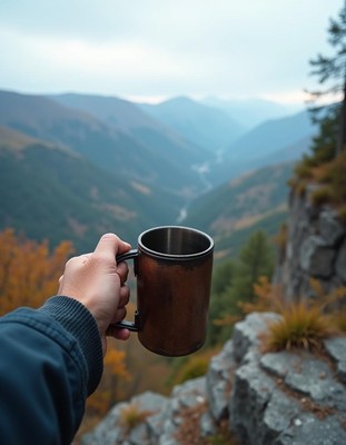A hand holds a mug overlooking mountains