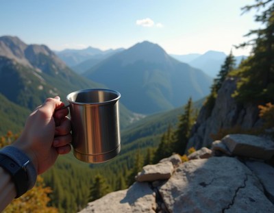 A hand holds a mug overlooking mountain ranges