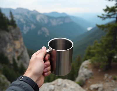 A person's hand is holding a stainless steel mug